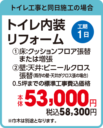 トイレ工事と同日施行の場合 トイレ内装リフォーム 工期1日 (1)床：クッションフロア張替または増張 (2)壁：天井：ビニールクロス張替（既存の壁・天井がクロス張の場合） 0.5坪までの標準工事費込価格 本体53,000円 税込58,300円 ※巾木は別途となります。